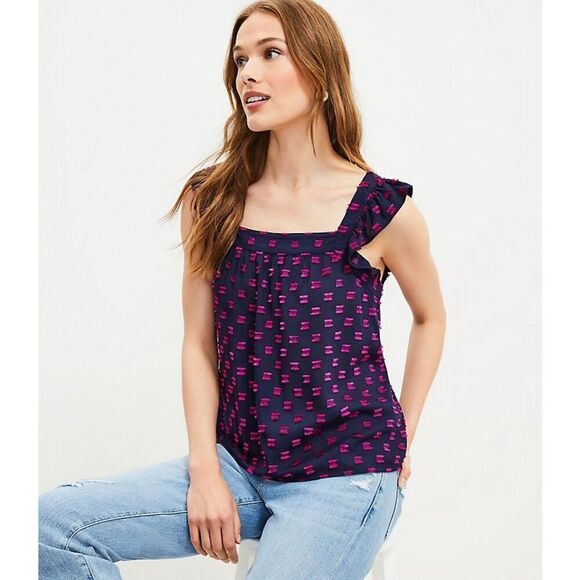 Loft‎ Click Ruffle Square Neck Blouse Tank Top Navy Pink Small NWT - Picture 1 of 13